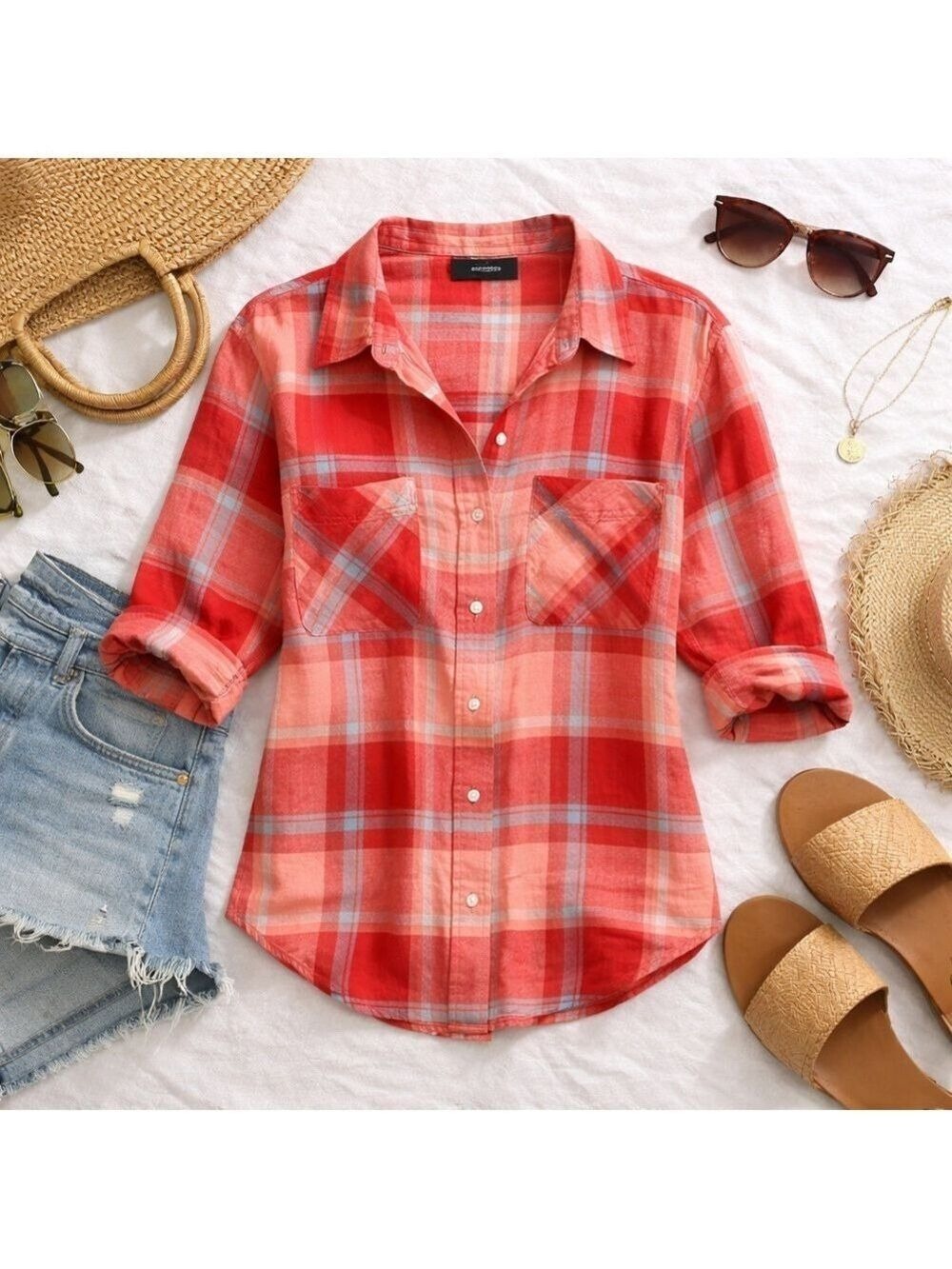 Sanctuary Plaid Button Down Shirt Linen Blend Lightweight Top Size Small - Picture 10 of 11